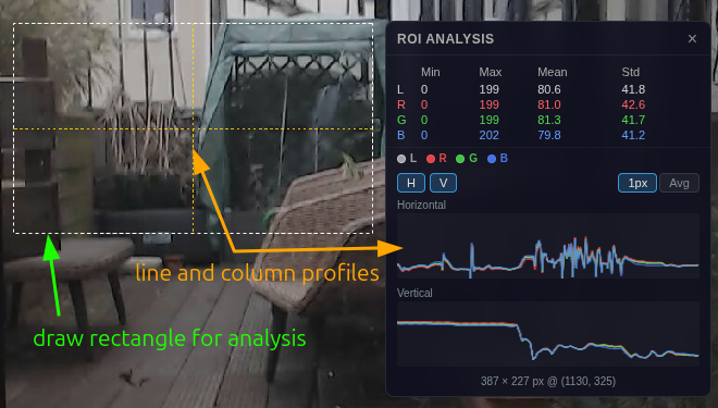 ROI Analytics — per-channel statistics and line profiles on a live frame region
