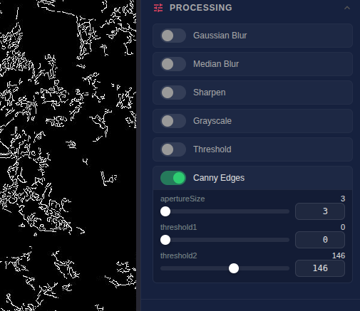 Processing sidebar — blur, sharpen, threshold, grayscale, Canny edges